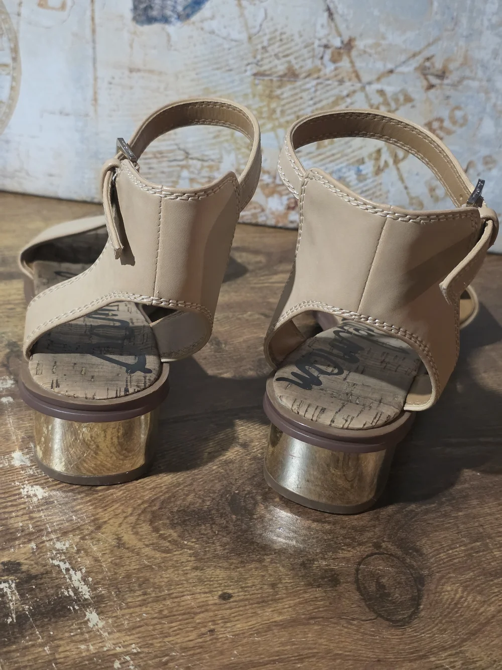 Sam Edelman Women’s Nude Ankle-Strap Sandals Wiyth Gild Heels - Picture 6 of 8